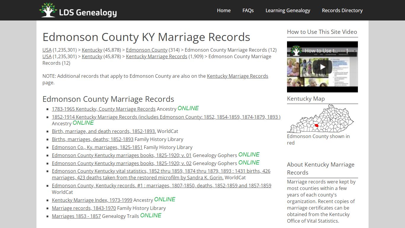 Edmonson County KY Marriage Records - LDS Genealogy